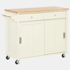 HOMCOM Carrinho de Cozinha com 2 Armários Porta Corredeira 2 Gavetas e Barra para Panos Móvel Aparador com Rodas para Sala de Jantar 110x49,5x89,5cm Creme
