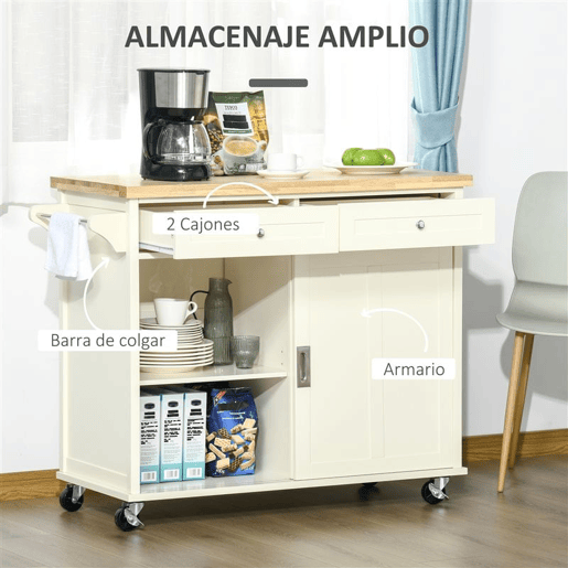 HOMCOM Carrinho de Cozinha com 2 Armários Porta Corredeira 2 Gavetas e Barra para Panos Móvel Aparador com Rodas para Sala de Jantar 110x49,5x89,5cm Creme