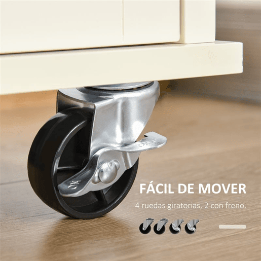 HOMCOM Carrinho de Cozinha com 2 Armários Porta Corredeira 2 Gavetas e Barra para Panos Móvel Aparador com Rodas para Sala de Jantar 110x49,5x89,5cm Creme