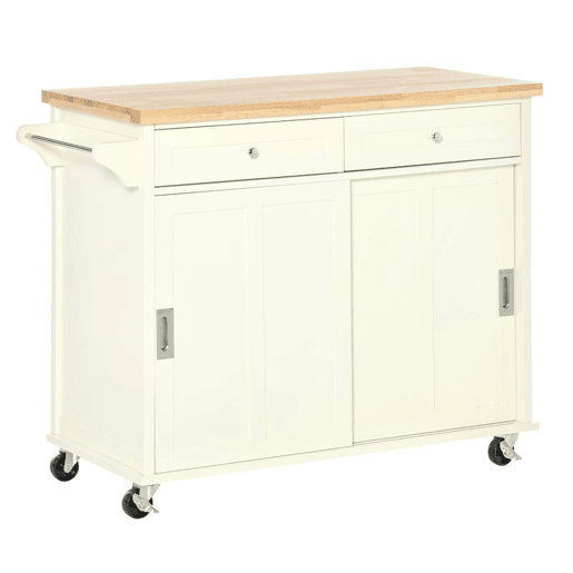 HOMCOM Carrinho de Cozinha com 2 Armários Porta Corredeira 2 Gavetas e Barra para Panos Móvel Aparador com Rodas para Sala de Jantar 110x49,5x89,5cm Creme
