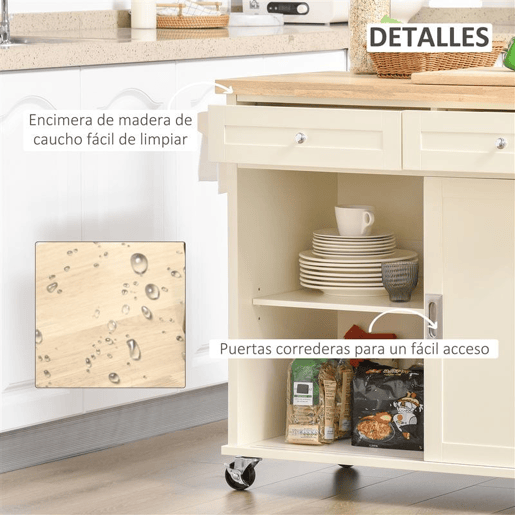 HOMCOM Carrinho de Cozinha com 2 Armários Porta Corredeira 2 Gavetas e Barra para Panos Móvel Aparador com Rodas para Sala de Jantar 110x49,5x89,5cm Creme