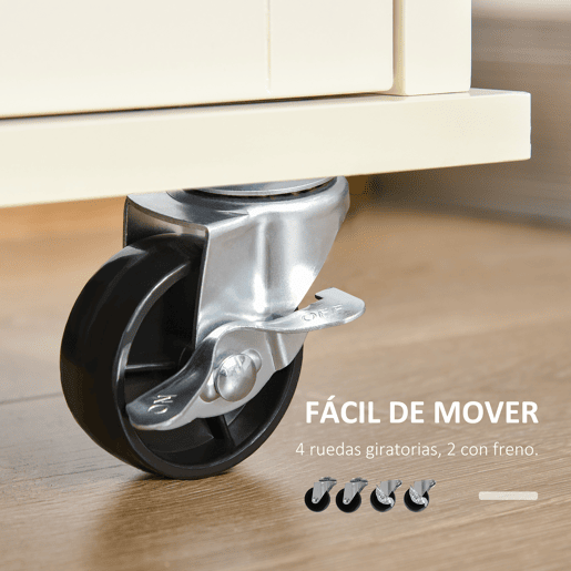 HOMCOM Carrinho de Cozinha com 2 Armários Porta Corredeira 2 Gavetas e Barra para Panos Móvel Aparador com Rodas para Sala de Jantar 110x49,5x89,5cm Creme