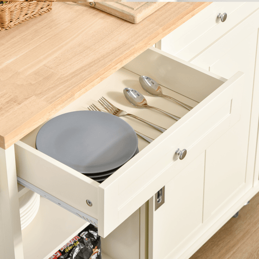 HOMCOM Carrinho de Cozinha com 2 Armários Porta Corredeira 2 Gavetas e Barra para Panos Móvel Aparador com Rodas para Sala de Jantar 110x49,5x89,5cm Creme