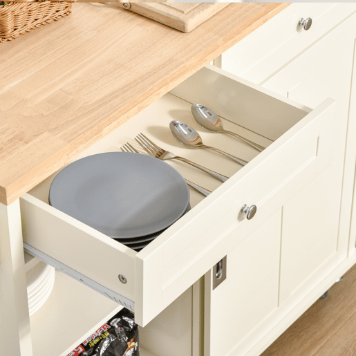 HOMCOM Carrinho de Cozinha com 2 Armários Porta Corredeira 2 Gavetas e Barra para Panos Móvel Aparador com Rodas para Sala de Jantar 110x49,5x89,5cm Creme