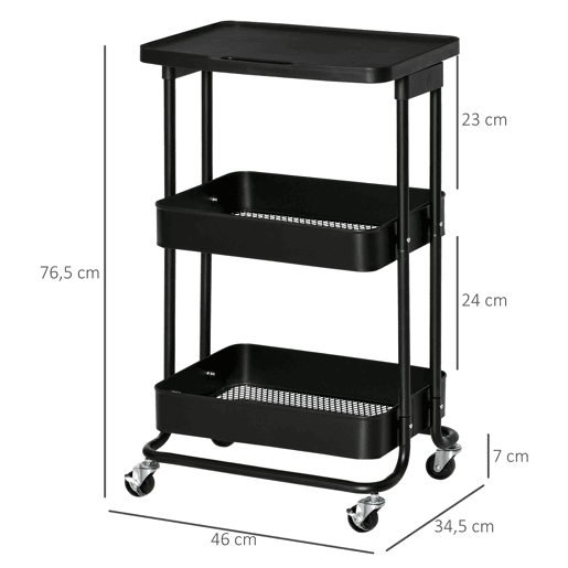 HOMCOM Carrinho de Cozinha com Rodas Carrinho de Armazenamento de 3 Níveis e Rodas com Freio para Sala de Estar Dormitório Escritório 46x34,5x76,5cm Preto