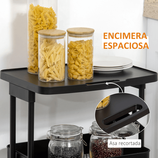 HOMCOM Carrinho de Cozinha com Rodas Carrinho de Armazenamento de 3 Níveis e Rodas com Freio para Sala de Estar Dormitório Escritório 46x34,5x76,5cm Preto
