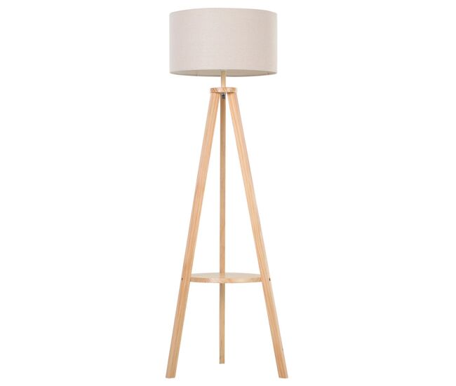 Homcom lámpara de pie trípode con estante lámpara de pie salón con pantalla de lino interruptor de pie para sala de estar oficina dormitorio beige y natural