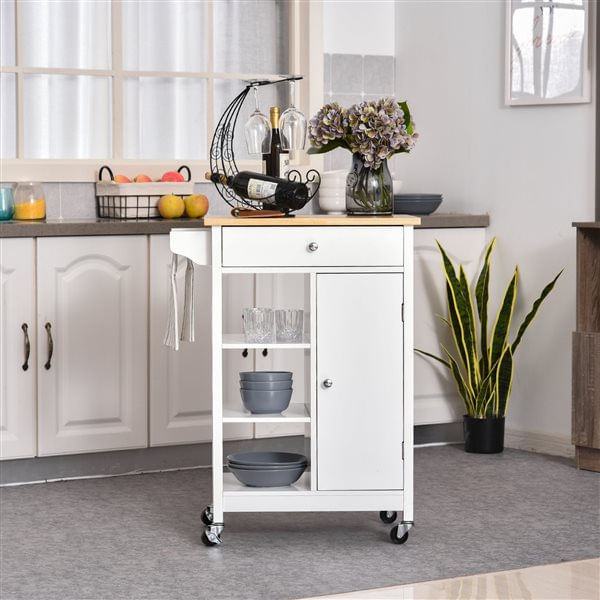 Homcom carrito de cocina carro auxiliar con ruedas 1 cajón 1 armario 3 estantes abiertos de almacenamiento para comedor 66x39,5x86,5 cm blanco