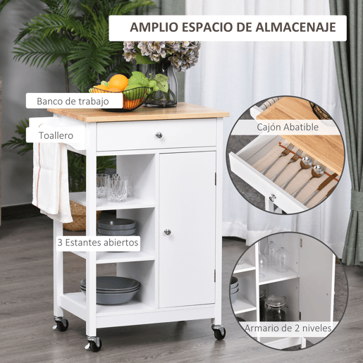 HOMCOM Carrinho de Cozinha Carrinho de Serviço Multifuncional com 1 Gaveta 1 Armário 3 Prateleiras Abertas para Armazenamento 66x39,5x86,5 cm Branco