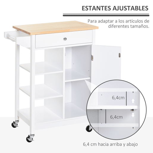 HOMCOM Carrinho de Cozinha Carrinho de Serviço Multifuncional com 1 Gaveta 1 Armário 3 Prateleiras Abertas para Armazenamento 66x39,5x86,5 cm Branco
