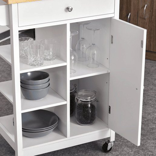 HOMCOM Carrinho de Cozinha Carrinho de Serviço Multifuncional com 1 Gaveta 1 Armário 3 Prateleiras Abertas para Armazenamento 66x39,5x86,5 cm Branco
