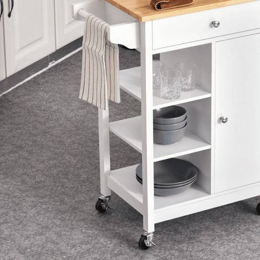 HOMCOM Carrinho de Cozinha Carrinho de Serviço Multifuncional com 1 Gaveta 1 Armário 3 Prateleiras Abertas para Armazenamento 66x39,5x86,5 cm Branco