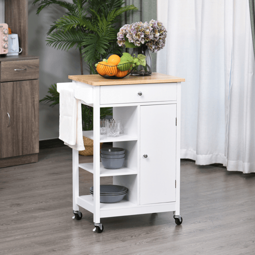 HOMCOM Carrinho de Cozinha Carrinho de Serviço Multifuncional com 1 Gaveta 1 Armário 3 Prateleiras Abertas para Armazenamento 66x39,5x86,5 cm Branco