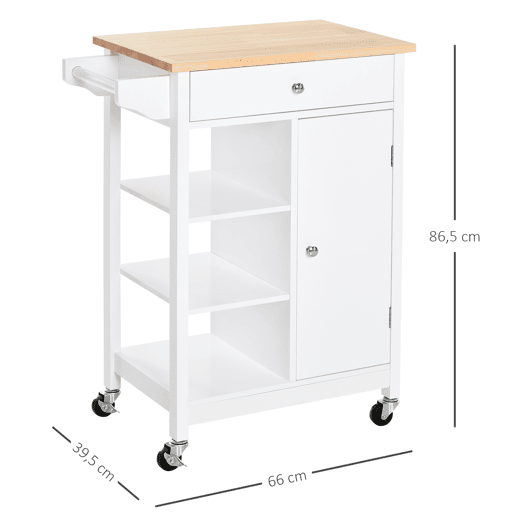 HOMCOM Carrinho de Cozinha Carrinho de Serviço Multifuncional com 1 Gaveta 1 Armário 3 Prateleiras Abertas para Armazenamento 66x39,5x86,5 cm Branco