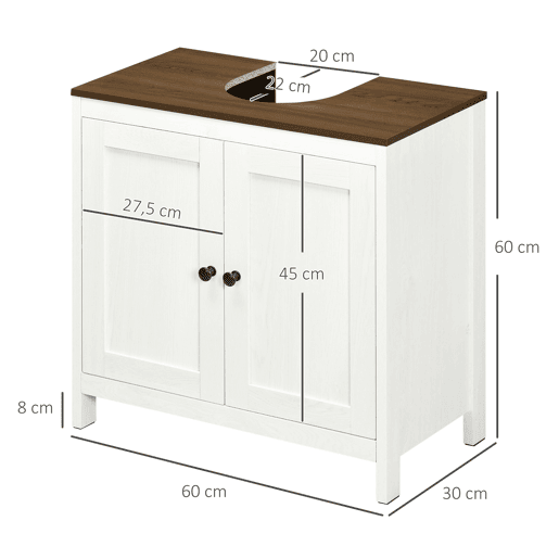 kleankin Móvel para Lavatório Pousar Armário para Casa de Banho de Madeira com 2 Portas e Prateleira Ajustável Estilo Moderno 60x30x60cm Branco Envelhecido e Madeira