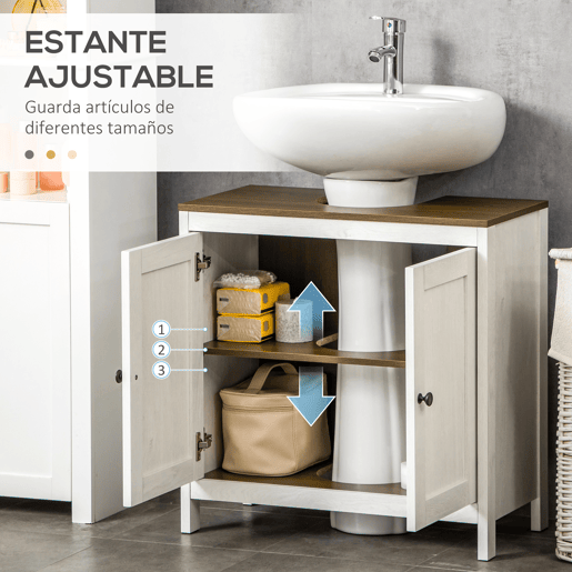 kleankin Móvel para Lavatório Pousar Armário para Casa de Banho de Madeira com 2 Portas e Prateleira Ajustável Estilo Moderno 60x30x60cm Branco Envelhecido e Madeira