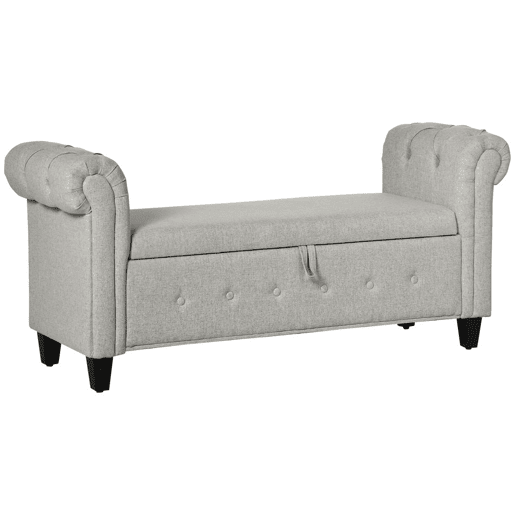 HOMCOM Banco de Pé de Cama Banco de Armazenamento de Linho com Dobradiças na Tampa Pés de Madeira e Apoio para os Braços para Dormitórios Sala de Estar Corredor Carga 150kg 146,5x49x74,5cm Cinza Claro
