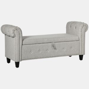 HOMCOM Banco de Pé de Cama Banco de Armazenamento de Linho com Dobradiças na Tampa Pés de Madeira e Apoio para os Braços para Dormitórios Sala de Estar Corredor Carga 150kg 146,5x49x74,5cm Cinza Claro