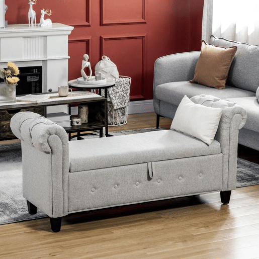 HOMCOM Banco de Pé de Cama Banco de Armazenamento de Linho com Dobradiças na Tampa Pés de Madeira e Apoio para os Braços para Dormitórios Sala de Estar Corredor Carga 150kg 146,5x49x74,5cm Cinza Claro
