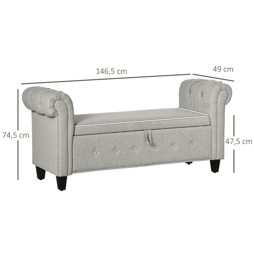 HOMCOM Banco de Pé de Cama Banco de Armazenamento de Linho com Dobradiças na Tampa Pés de Madeira e Apoio para os Braços para Dormitórios Sala de Estar Corredor Carga 150kg 146,5x49x74,5cm Cinza Claro