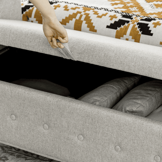 HOMCOM Banco de Pé de Cama Banco de Armazenamento de Linho com Dobradiças na Tampa Pés de Madeira e Apoio para os Braços para Dormitórios Sala de Estar Corredor Carga 150kg 146,5x49x74,5cm Cinza Claro