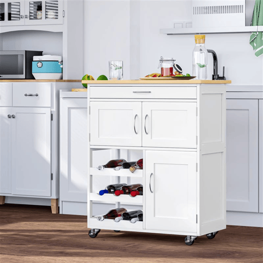 HOMCOM Carrinho de Cozinha com Rodas Carrinho de Cozinha com Gaveta 2 Armários de Armazenamento e 3 Prateleiras Abertas para 9 Garrafas para Sala de Jantar 67x37x87cm Branco
