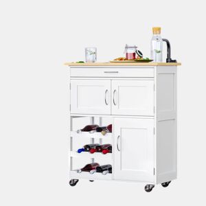 HOMCOM Carrinho de Cozinha com Rodas Carrinho de Cozinha com Gaveta 2 Armários de Armazenamento e 3 Prateleiras Abertas para 9 Garrafas para Sala de Jantar 67x37x87cm Branco