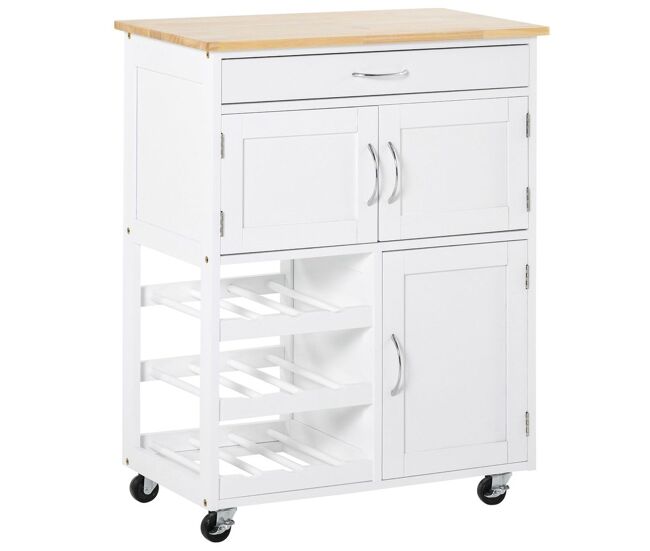 Homcom carro de cocina carrito auxiliar con ruedas cajón 2 armarios de almacenaje y 3 estantes abiertos de 9 botellas para comedor restaurante