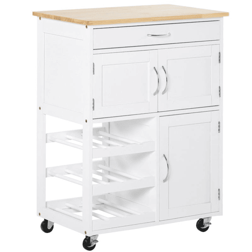 HOMCOM Carrinho de Cozinha com Rodas Carrinho de Cozinha com Gaveta 2 Armários de Armazenamento e 3 Prateleiras Abertas para 9 Garrafas para Sala de Jantar 67x37x87cm Branco