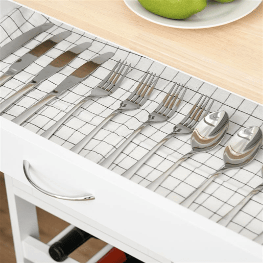 HOMCOM Carrinho de Cozinha com Rodas Carrinho de Cozinha com Gaveta 2 Armários de Armazenamento e 3 Prateleiras Abertas para 9 Garrafas para Sala de Jantar 67x37x87cm Branco