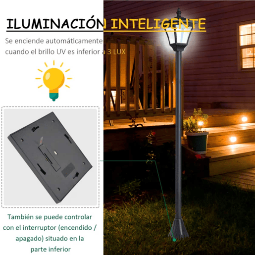 Outsunny Candeeiro Solar de Jardim com Proteção IP44 Luzes LED para Exterior Pátio Varanda 15x15x120 cm Preto
