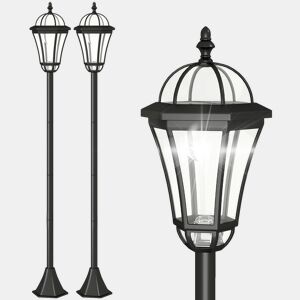 Outsunny 2 Candeeiros Solares de Jardim com 2 Luzes LED Branca Impermeável IP44 Ligação Automática Conjunto de 2 Candeeiros de Exterior para Caminho Terraço Pátio 18,5x18,5x129 cm Preto