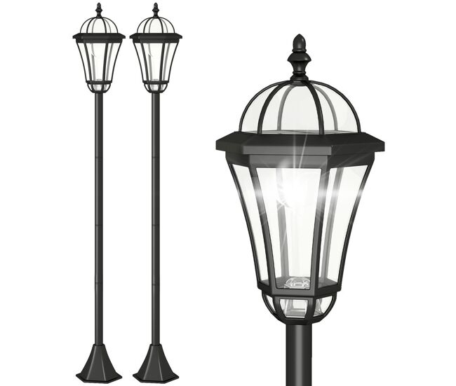 Outsunny 2 farolas solares de jardín con 2 luces led blanca impermeable ip44 apagado automático set de 2 farolas de exterior para camino terraza patio