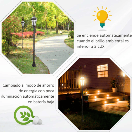 Outsunny 2 Candeeiros Solares de Jardim com 2 Luzes LED Branca Impermeável IP44 Ligação Automática Conjunto de 2 Candeeiros de Exterior para Caminho Terraço Pátio 18,5x18,5x129 cm Preto