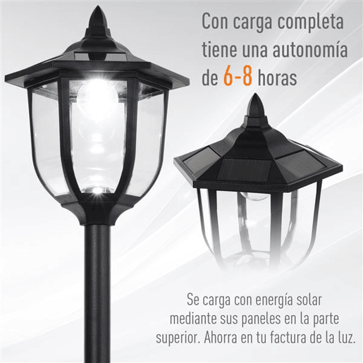 Outsunny Candeeiro Solar com Painel Solar Candeeiro de Jardim com 6 LEDS Autonomia 6-8 horas Ø26x177 cm Preto