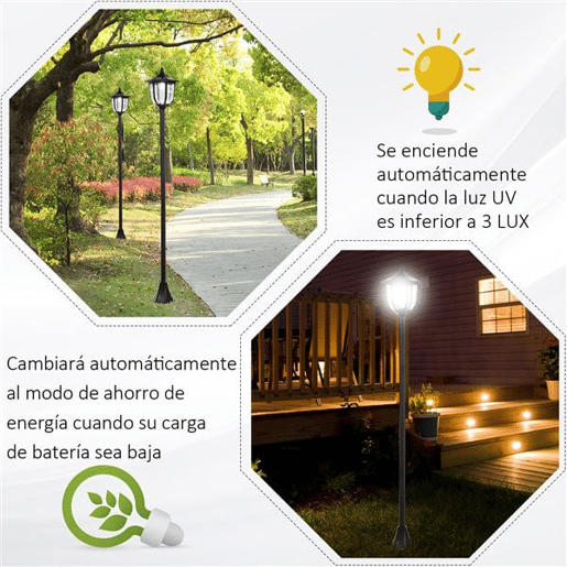 Outsunny Candeeiro Solar com Painel Solar Candeeiro de Jardim com 6 LEDS Autonomia 6-8 horas Ø26x177 cm Preto