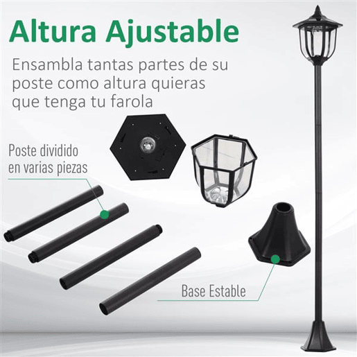 Outsunny Candeeiro Solar com Painel Solar Candeeiro de Jardim com 6 LEDS Autonomia 6-8 horas Ø26x177 cm Preto