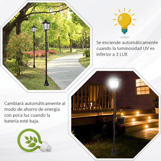 Outsunny Candeeiro Solar com Painel Solar Candeeiro de Jardim com 6 LEDS Autonomia 6-8 horas Ø26x177 cm Preto