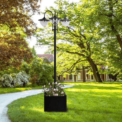 Outsunny Candeeiro Solar de Jardim com 18 Luzes LED Branco Frio 6000K Impermeável IP44 Sensor de Noite e Base em Forma de Floreira Candeeiro de Exterior para Terraço Pátio 60x55x189cm Preto