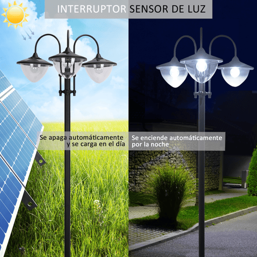 Outsunny Candeeiro Solar de Jardim com 18 Luzes LED Branco Frio 6000K Impermeável IP44 Sensor de Noite e Base em Forma de Floreira Candeeiro de Exterior para Terraço Pátio 60x55x189cm Preto