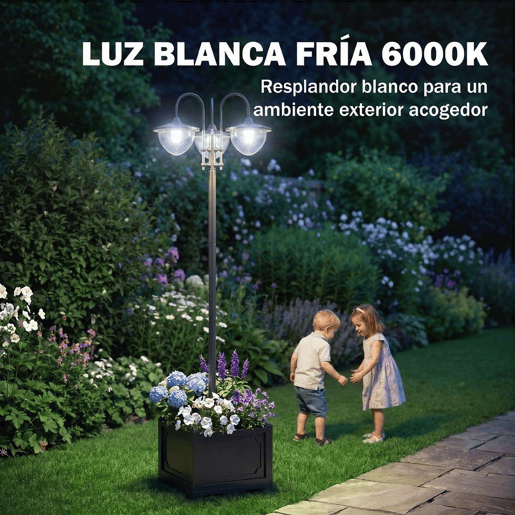 Outsunny Candeeiro Solar de Jardim com 18 Luzes LED Branco Frio 6000K Impermeável IP44 Sensor de Noite e Base em Forma de Floreira Candeeiro de Exterior para Terraço Pátio 60x55x189cm Preto