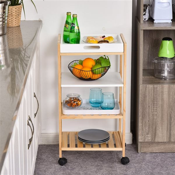 HOMCOM Carrito de Cocina Carrito de Servicio Doméstico de 4 Niveles con Una Bandeja Extraíble Estant