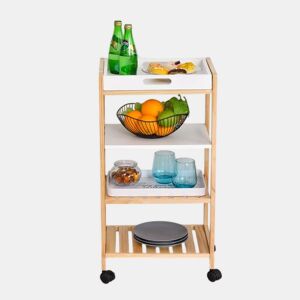 HOMCOM Carrinho de cozinha Carrinho de serviço doméstico de 4 niveis com bandeja removível Prateleira universal de rodas 40x30x76cm Madeira branca