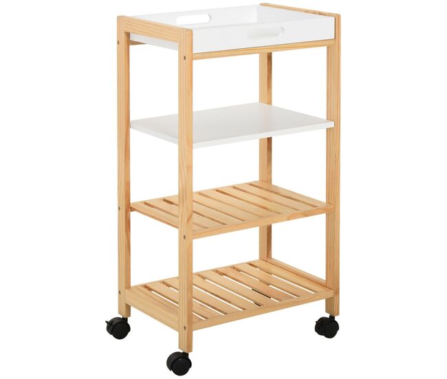 Homcom carrito de cocina carrito de servicio doméstico de 4 niveles con una bandeja extraíble estante ruedas universales 40x30x76 cm blanco madera