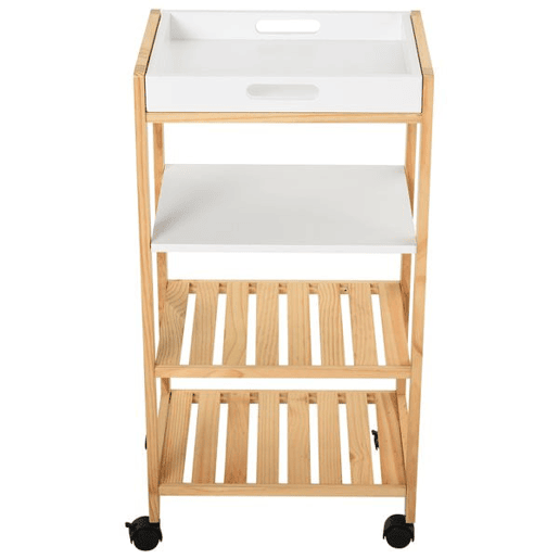 HOMCOM Carrinho de cozinha Carrinho de serviço doméstico de 4 niveis com bandeja removível Prateleira universal de rodas 40x30x76cm Madeira branca