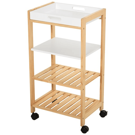 HOMCOM Carrinho de cozinha Carrinho de serviço doméstico de 4 niveis com bandeja removível Prateleira universal de rodas 40x30x76cm Madeira branca