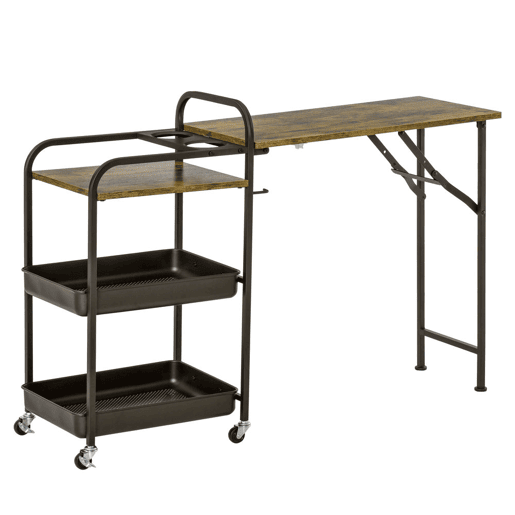 HOMCOM Carrinho de Cozinha com Rodas Carrinho Auxiliar com Prateleiras de 3 Níveis Bancada Dobrável e 2 Porta-Copos para Sala de Jantar 118x36,5x82cm Marrom Rústico