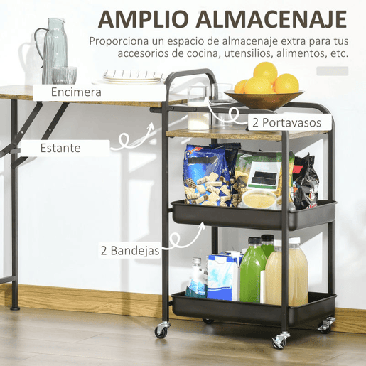 HOMCOM Carrinho de Cozinha com Rodas Carrinho Auxiliar com Prateleiras de 3 Níveis Bancada Dobrável e 2 Porta-Copos para Sala de Jantar 118x36,5x82cm Marrom Rústico