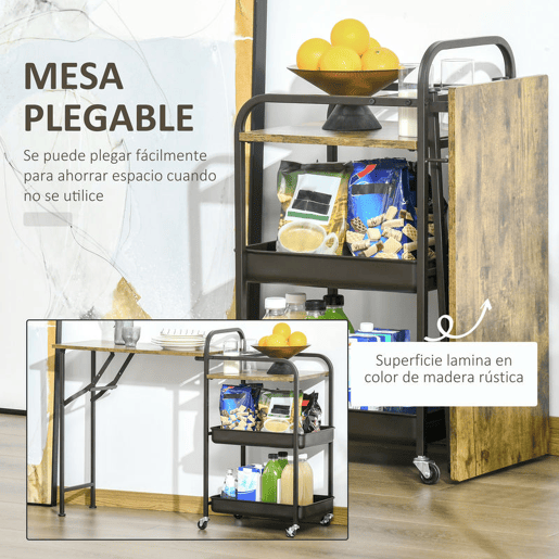 HOMCOM Carrinho de Cozinha com Rodas Carrinho Auxiliar com Prateleiras de 3 Níveis Bancada Dobrável e 2 Porta-Copos para Sala de Jantar 118x36,5x82cm Marrom Rústico