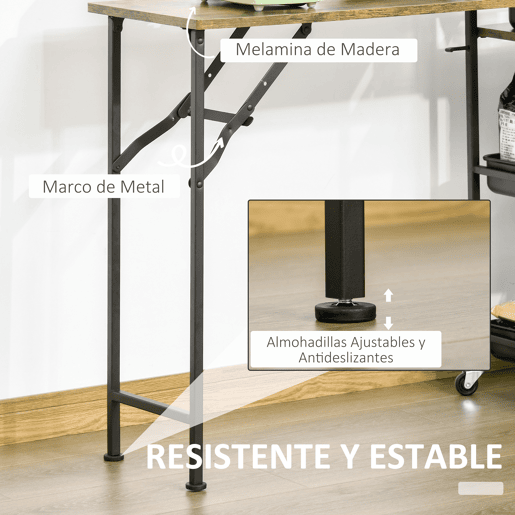 HOMCOM Carrinho de Cozinha com Rodas Carrinho Auxiliar com Prateleiras de 3 Níveis Bancada Dobrável e 2 Porta-Copos para Sala de Jantar 118x36,5x82cm Marrom Rústico